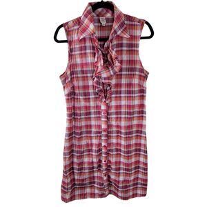 Molly Womens Sz M Red Pink Plaid Sleeveless Button Down Dress